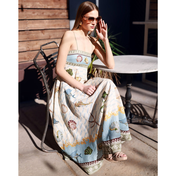 ALEMAIS + Sam Pauletto Bath House printed smocked linen midi dress US 4 - Picture 9 of 11